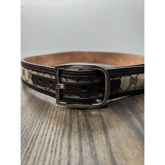 Gucci GG Canvas Mono Leather Palladium Silver Buckle Belt Brown Sz 34 - Picture 10 of 11